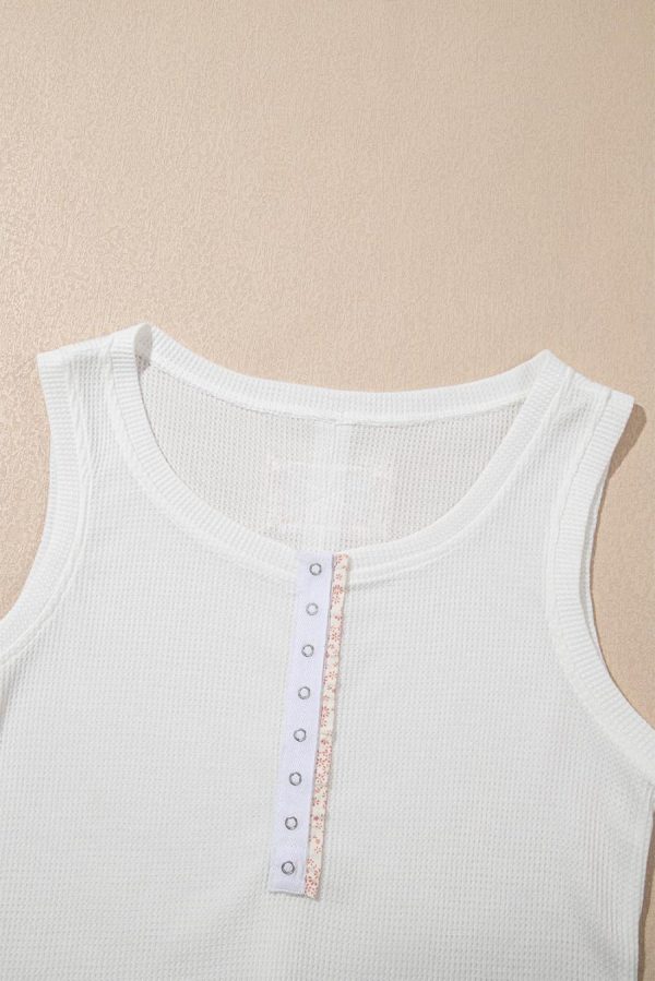 Women Sleeveless Tops | White Solid Color Waffle Knit Henley Tank Top - Image 4