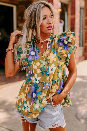 Women Sleeveless Tops | Yellow Floral Print Tie V Neck Ruffle Top