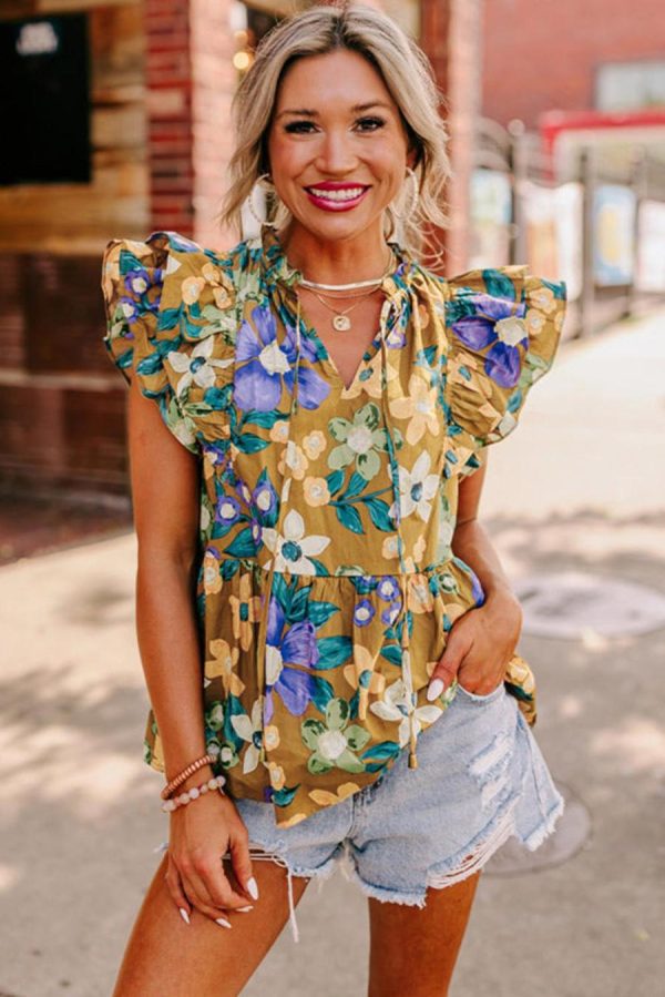 Women Sleeveless Tops | Yellow Floral Print Tie V Neck Ruffle Top - Image 2