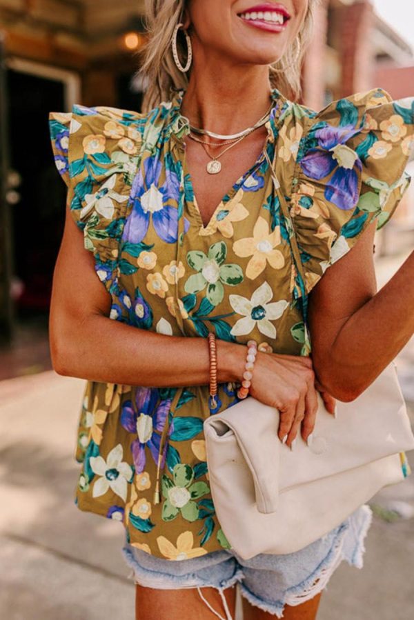 Women Sleeveless Tops | Yellow Floral Print Tie V Neck Ruffle Top - Image 3