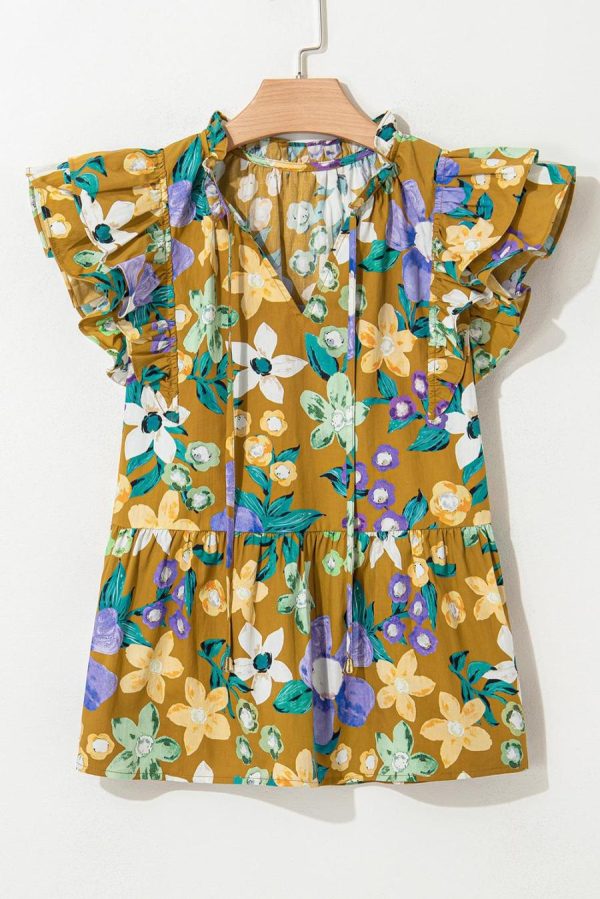 Women Sleeveless Tops | Yellow Floral Print Tie V Neck Ruffle Top - Image 4