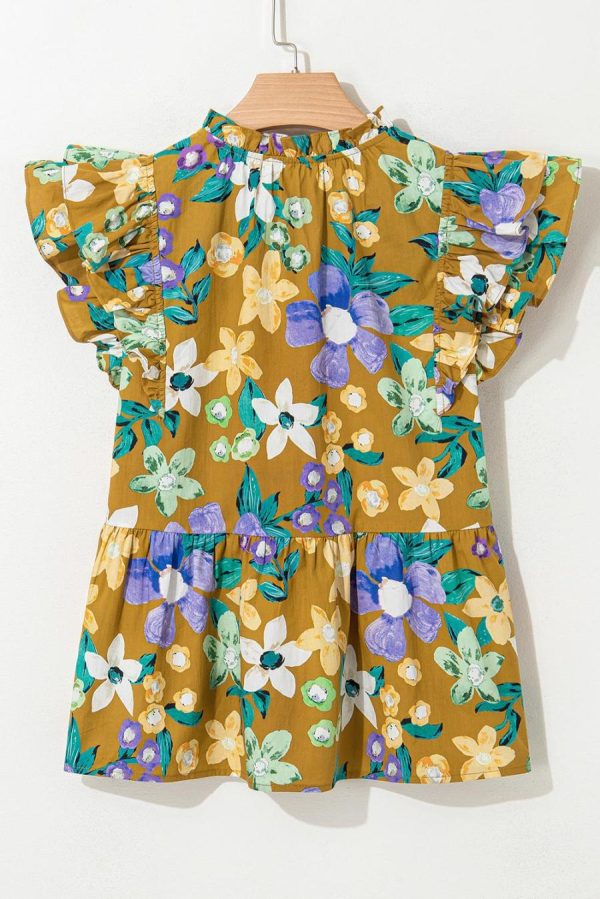 Women Sleeveless Tops | Yellow Floral Print Tie V Neck Ruffle Top - Image 5