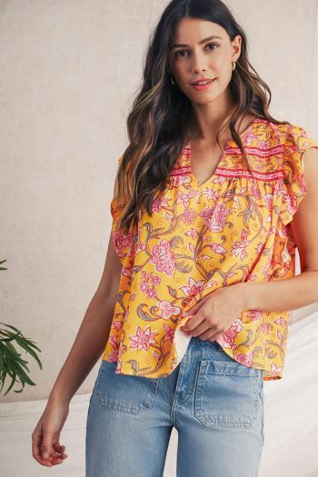 Women Sleeveless Tops | Yellow Floral Ruffle Shoulder V Neck Flowy Blouse