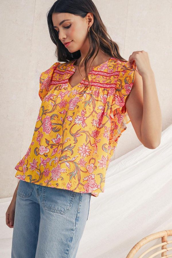 Women Sleeveless Tops | Yellow Floral Ruffle Shoulder V Neck Flowy Blouse - Image 2