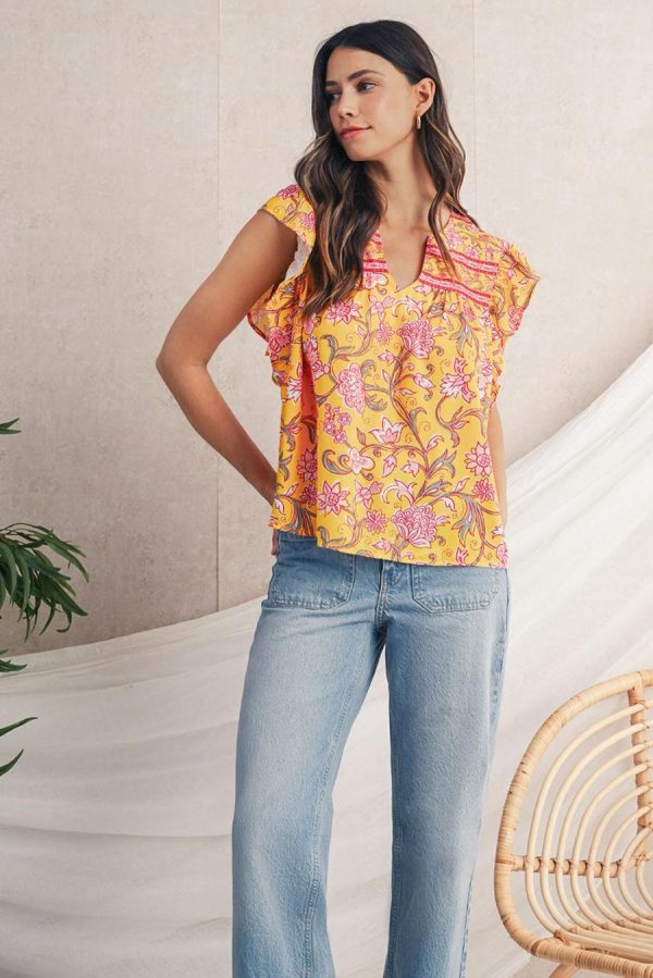 Women Sleeveless Tops | Yellow Floral Ruffle Shoulder V Neck Flowy Blouse - Image 3