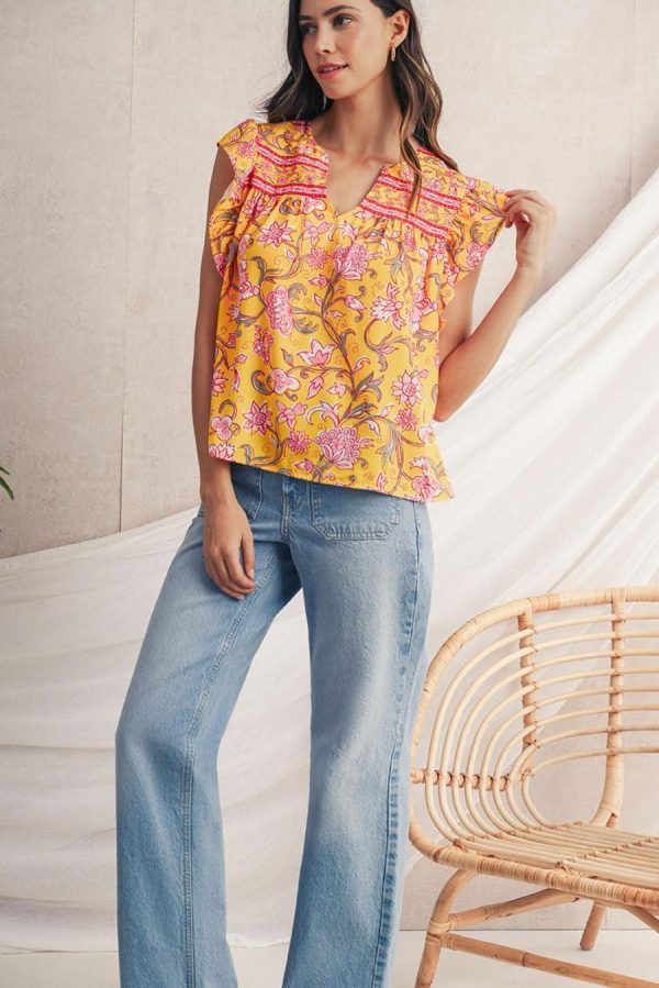 Women Sleeveless Tops | Yellow Floral Ruffle Shoulder V Neck Flowy Blouse - Image 4