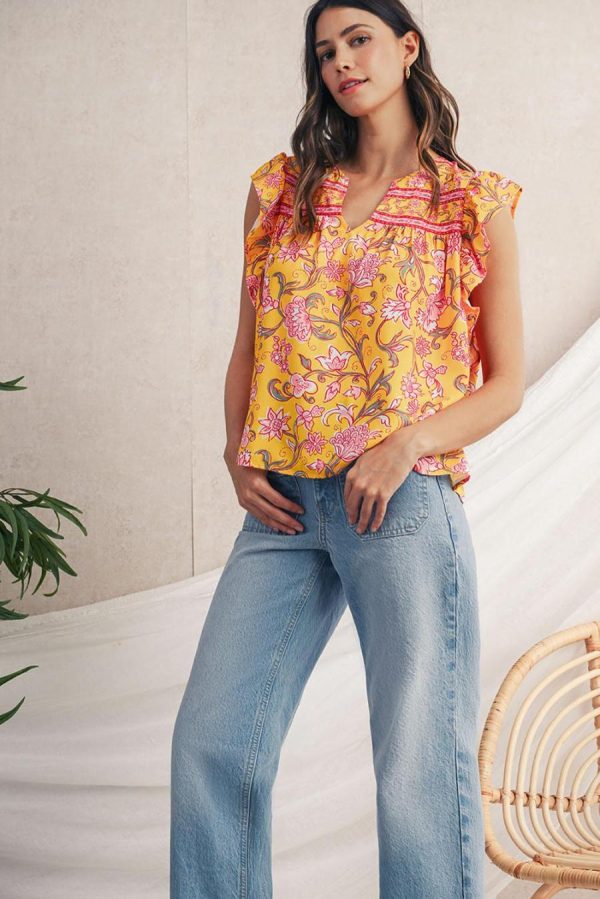 Women Sleeveless Tops | Yellow Floral Ruffle Shoulder V Neck Flowy Blouse - Image 5