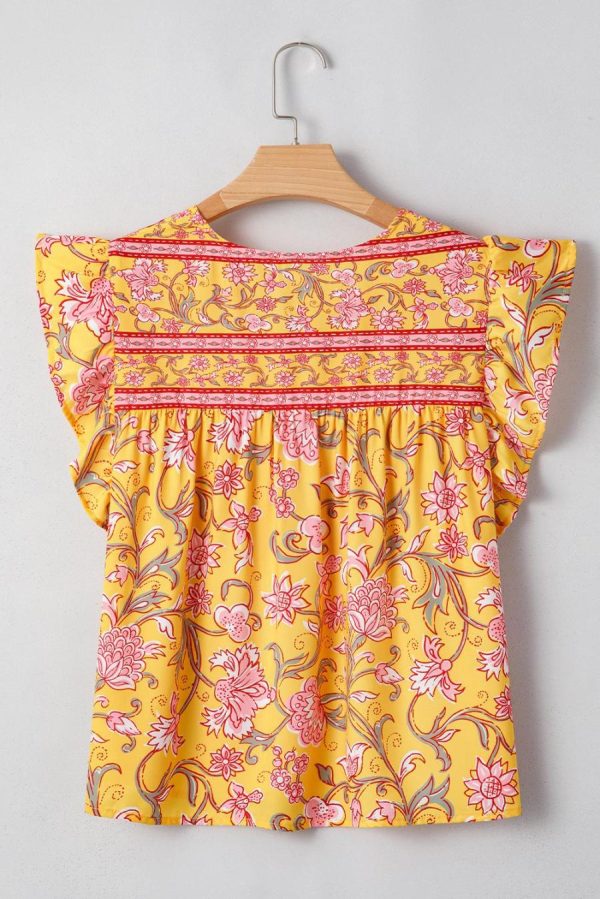Women Sleeveless Tops | Yellow Floral Ruffle Shoulder V Neck Flowy Blouse - Image 7