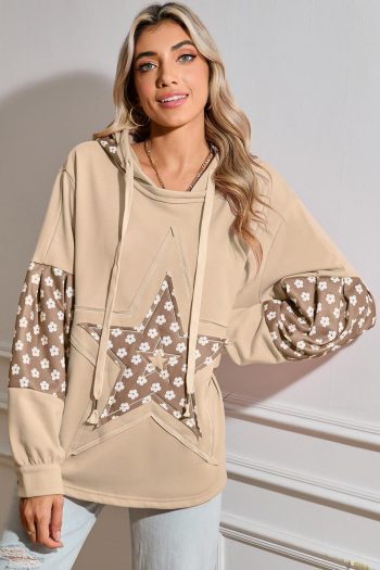 Women Sweatshirts & Hoodies | Apricot Floral Patchwork Star Pattern Drawstring Hoodie
