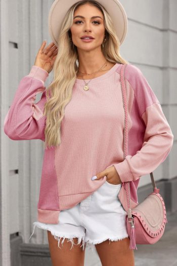 Women Sweatshirts & Hoodies | Apricot Pink Waffle Patchwork Oversized Sweatshirt