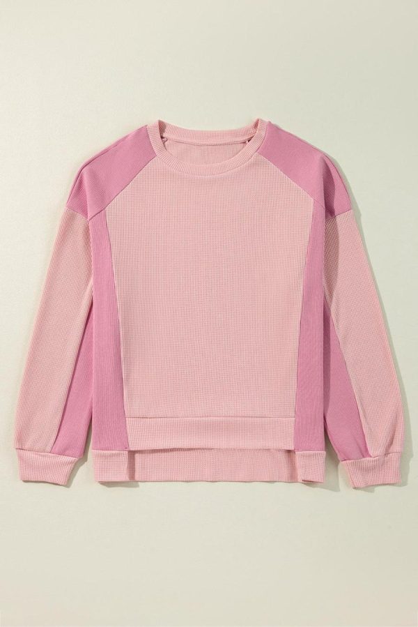 Women Sweatshirts & Hoodies | Apricot Pink Waffle Patchwork Oversized Sweatshirt - Image 4