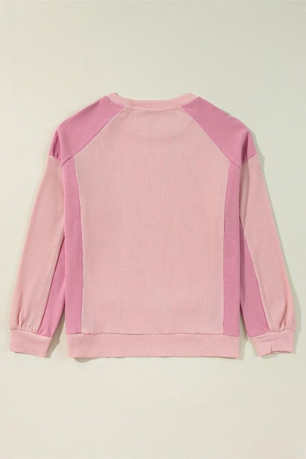 Women Sweatshirts & Hoodies | Apricot Pink Waffle Patchwork Oversized Sweatshirt - Image 5