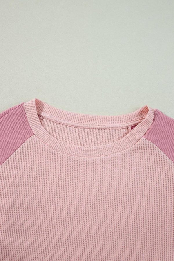 Women Sweatshirts & Hoodies | Apricot Pink Waffle Patchwork Oversized Sweatshirt - Image 6