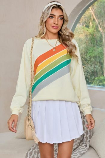 Women Sweatshirts & Hoodies | Apricot Rainbow Colorblock Pullover Sweatshirt