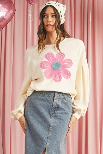 Women Sweatshirts & Hoodies | Beige Cute Tinsel Flower Puff Sleeve Sweatshirt