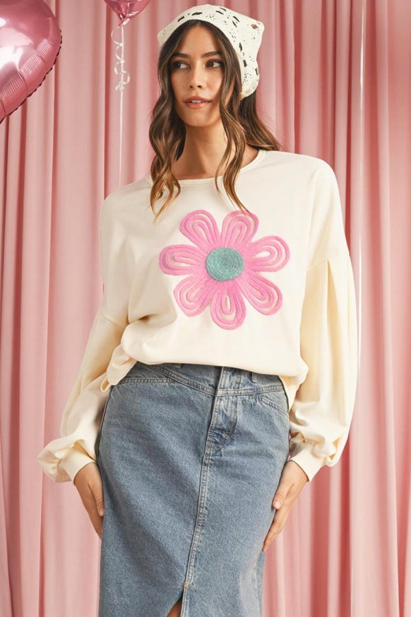 Women Sweatshirts & Hoodies | Beige Cute Tinsel Flower Puff Sleeve Sweatshirt