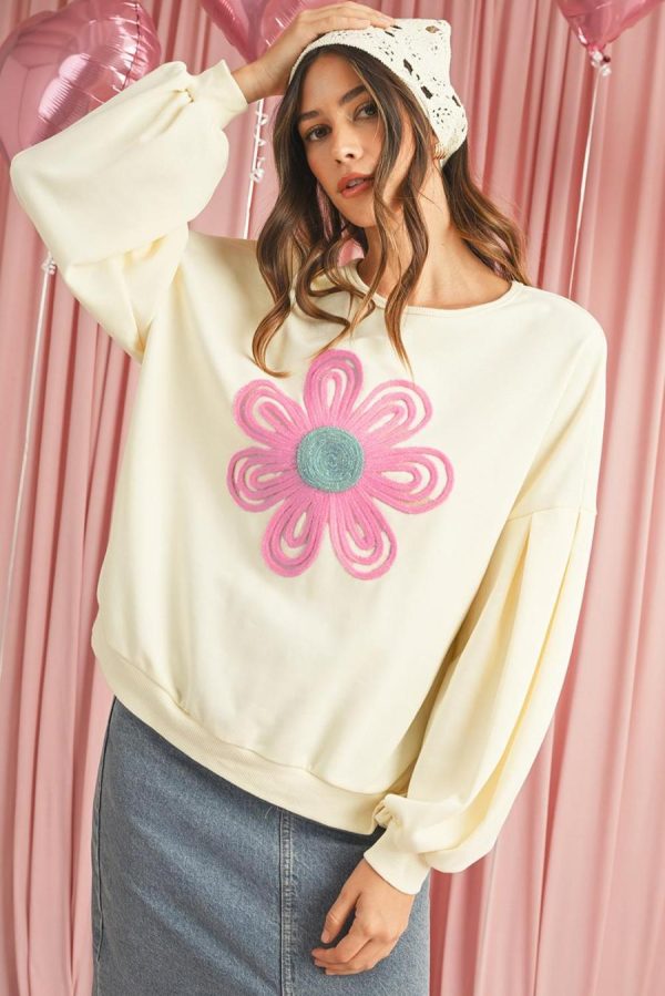 Women Sweatshirts & Hoodies | Beige Cute Tinsel Flower Puff Sleeve Sweatshirt - Image 2