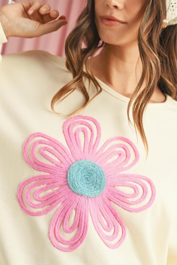 Women Sweatshirts & Hoodies | Beige Cute Tinsel Flower Puff Sleeve Sweatshirt - Image 4