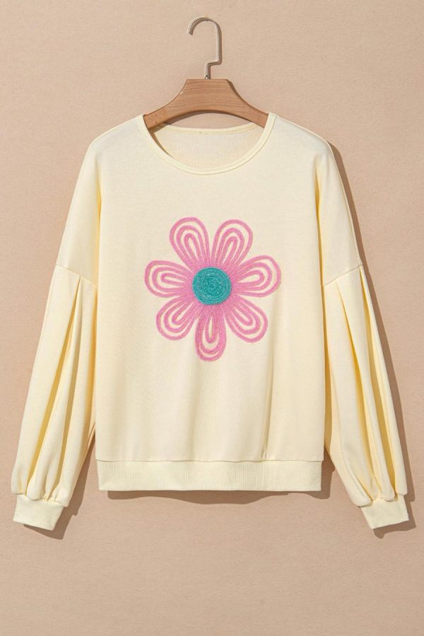 Women Sweatshirts & Hoodies | Beige Cute Tinsel Flower Puff Sleeve Sweatshirt - Image 5