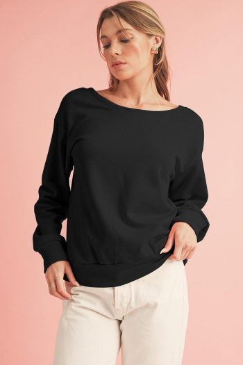 Women Sweatshirts & Hoodies | Black Bowknot Plain Round Neck Sweatshirt