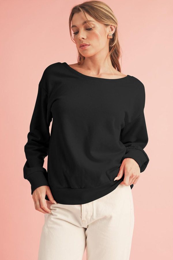 Women Sweatshirts & Hoodies | Black Bowknot Plain Round Neck Sweatshirt