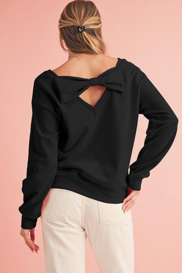 Women Sweatshirts & Hoodies | Black Bowknot Plain Round Neck Sweatshirt - Image 2