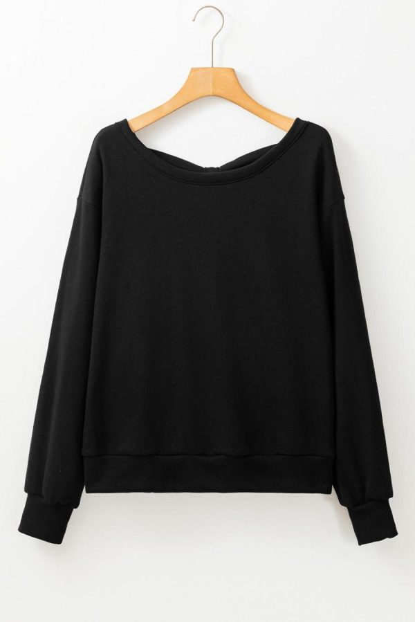 Women Sweatshirts & Hoodies | Black Bowknot Plain Round Neck Sweatshirt - Image 3