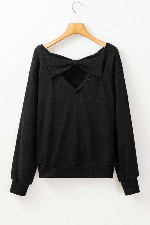 Women Sweatshirts & Hoodies | Black Bowknot Plain Round Neck Sweatshirt - Image 4