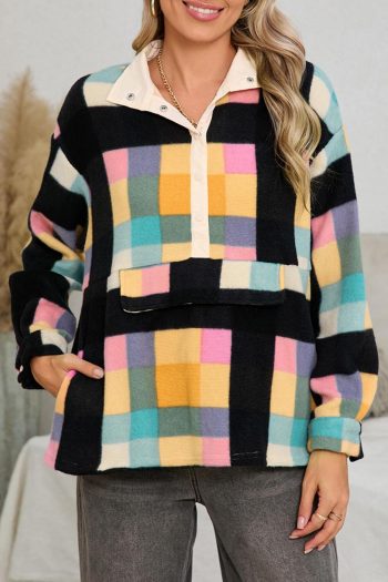 Women Sweatshirts & Hoodies | Black Checkered Pocketed Half Button Collared Sweatshirt
