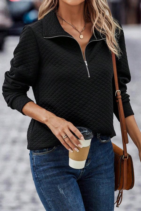 Women Sweatshirts & Hoodies | Black Solid Color Half Zipper Quilted Pullover Sweatshirt - Image 2