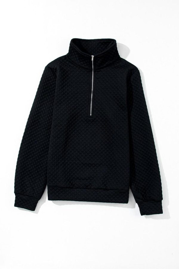 Women Sweatshirts & Hoodies | Black Solid Color Half Zipper Quilted Pullover Sweatshirt - Image 3