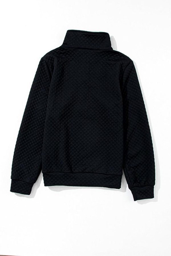 Women Sweatshirts & Hoodies | Black Solid Color Half Zipper Quilted Pullover Sweatshirt - Image 4