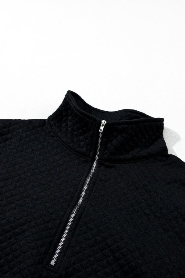 Women Sweatshirts & Hoodies | Black Solid Color Half Zipper Quilted Pullover Sweatshirt - Image 5