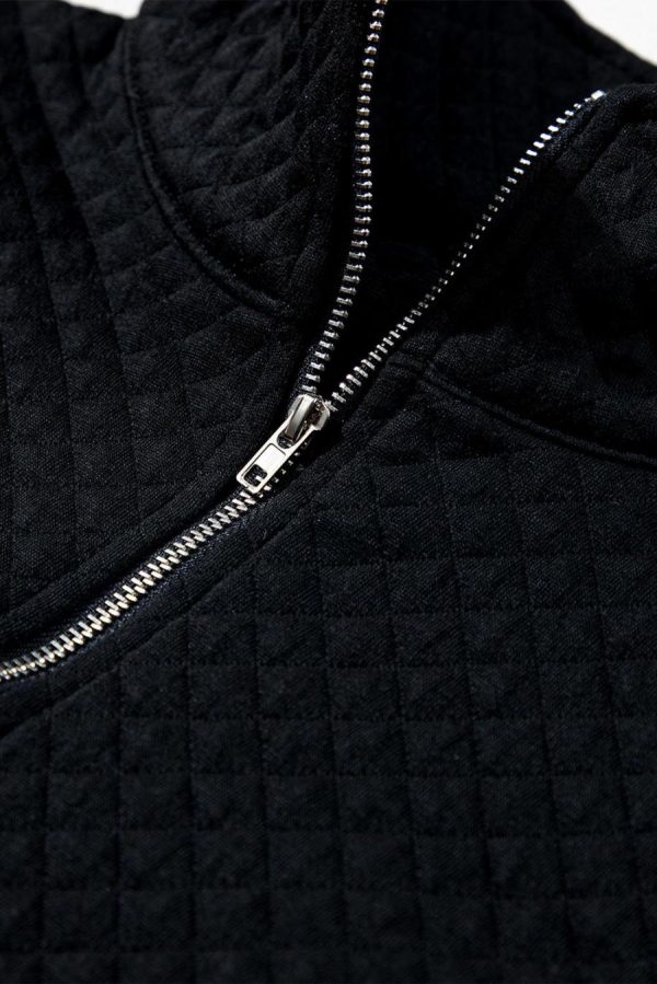 Women Sweatshirts & Hoodies | Black Solid Color Half Zipper Quilted Pullover Sweatshirt - Image 6