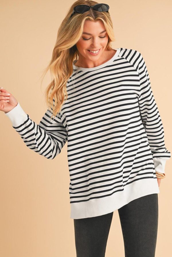 Women Sweatshirts & Hoodies | Black Stripe Raglan Sleeve Loose Split Sweatshirt