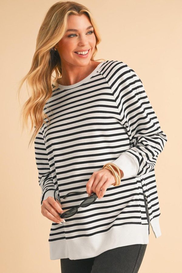 Women Sweatshirts & Hoodies | Black Stripe Raglan Sleeve Loose Split Sweatshirt - Image 2