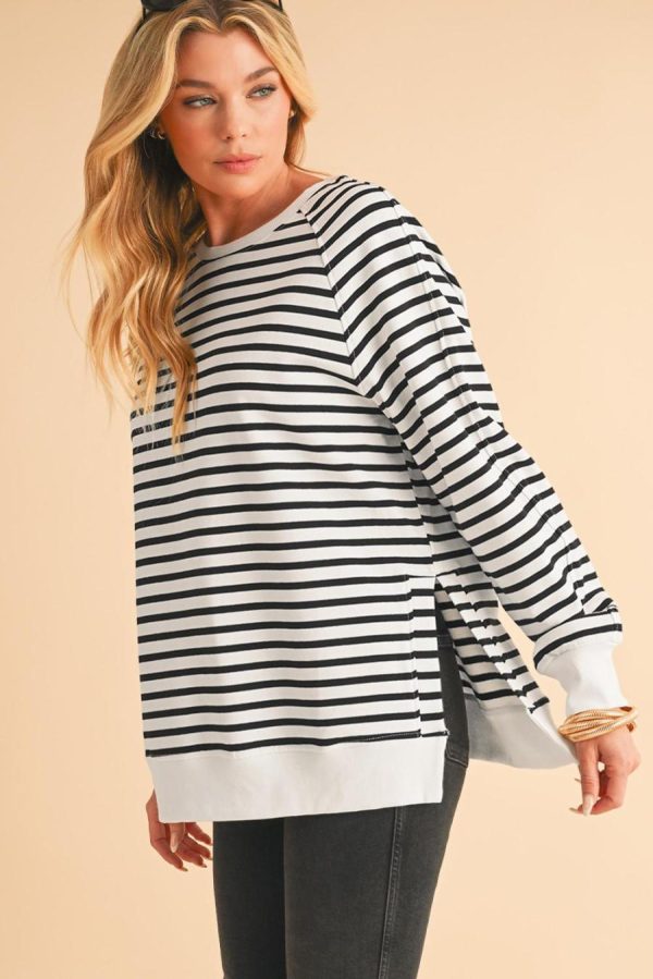 Women Sweatshirts & Hoodies | Black Stripe Raglan Sleeve Loose Split Sweatshirt - Image 4