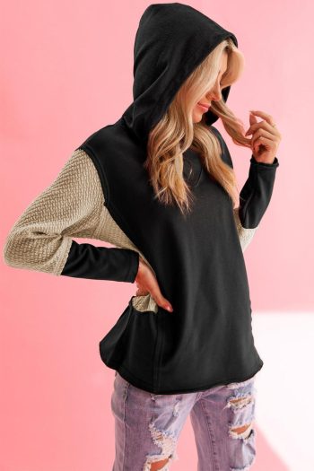 Women Sweatshirts & Hoodies | Black Textured Splicing Sleeve Raw Hem Hoodie