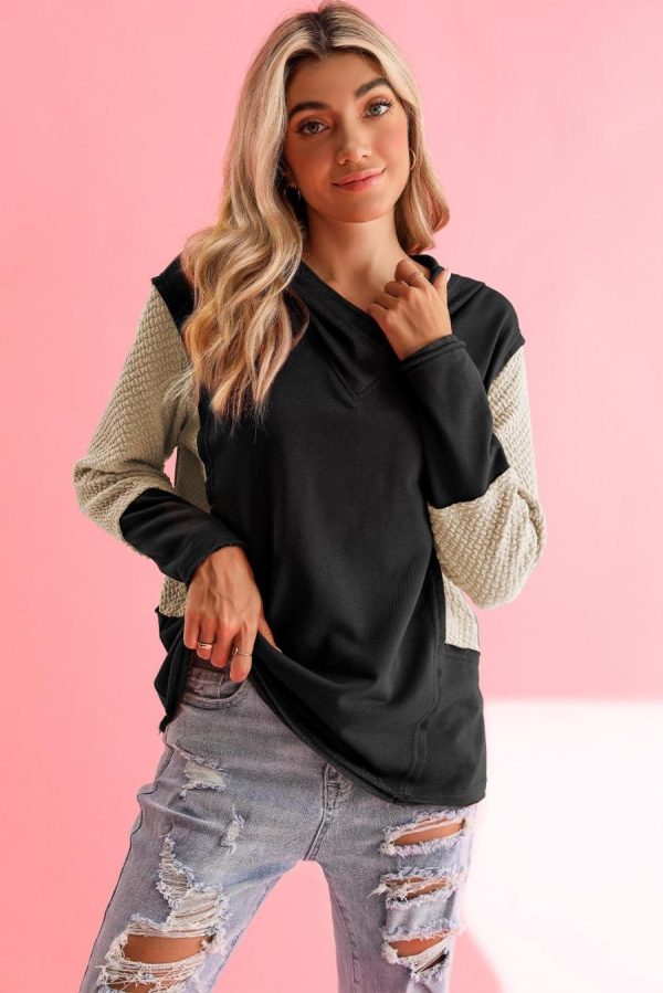 Women Sweatshirts & Hoodies | Black Textured Splicing Sleeve Raw Hem Hoodie - Image 2