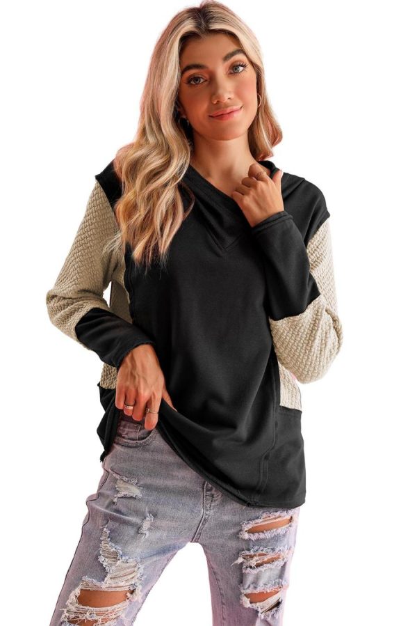 Women Sweatshirts & Hoodies | Black Textured Splicing Sleeve Raw Hem Hoodie - Image 4