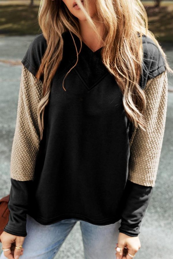 Women Sweatshirts & Hoodies | Black Textured Splicing Sleeve Raw Hem Hoodie - Image 5