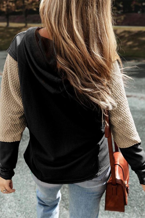 Women Sweatshirts & Hoodies | Black Textured Splicing Sleeve Raw Hem Hoodie - Image 6
