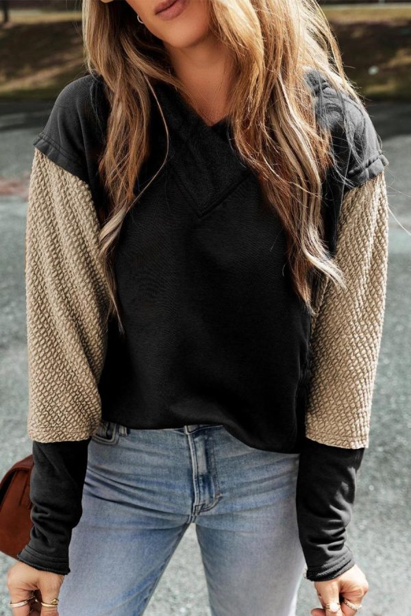 Women Sweatshirts & Hoodies | Black Textured Splicing Sleeve Raw Hem Hoodie - Image 7