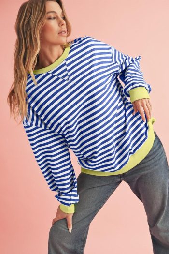 Women Sweatshirts & Hoodies | Blue Stripe Contrast Edge Cross Seam Oversized Pullover