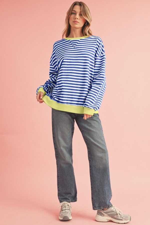Women Sweatshirts & Hoodies | Blue Stripe Contrast Edge Cross Seam Oversized Pullover - Image 2