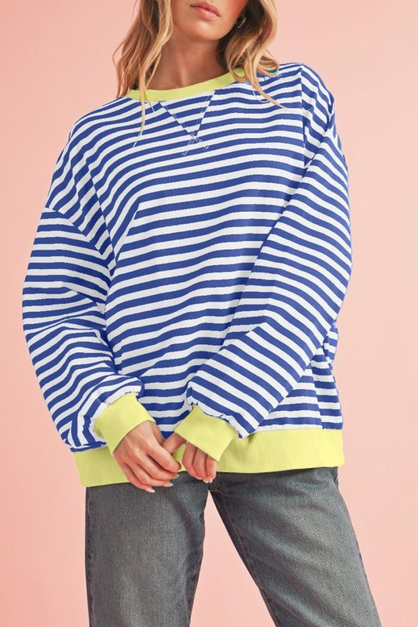 Women Sweatshirts & Hoodies | Blue Stripe Contrast Edge Cross Seam Oversized Pullover - Image 3