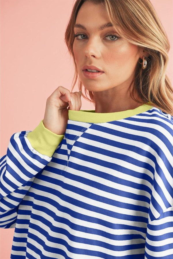 Women Sweatshirts & Hoodies | Blue Stripe Contrast Edge Cross Seam Oversized Pullover - Image 5