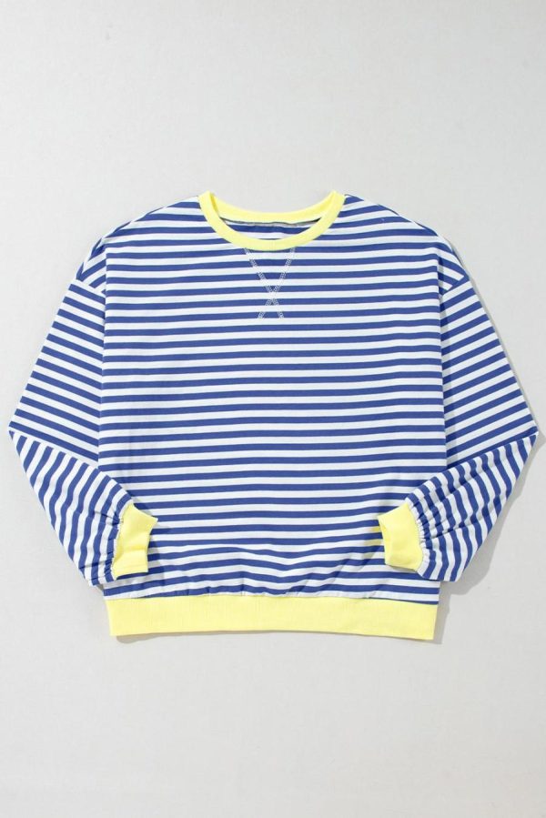 Women Sweatshirts & Hoodies | Blue Stripe Contrast Edge Cross Seam Oversized Pullover - Image 6