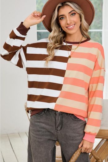 Women Sweatshirts & Hoodies | Brown Stripe Color Block Drop Shoulder Pullover Sweatshirt