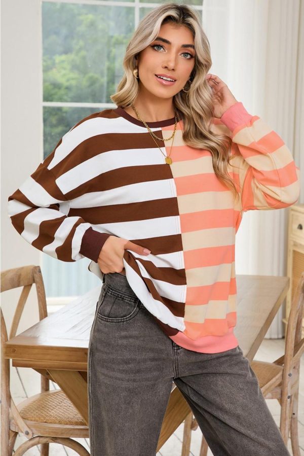 Women Sweatshirts & Hoodies | Brown Stripe Color Block Drop Shoulder Pullover Sweatshirt - Image 2